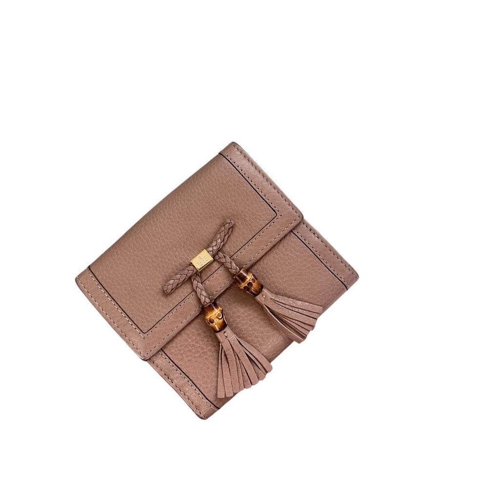 Gucci Beige Princy Bamboo Tassel Ribbon Compact Leather Purse Bifold Wal…